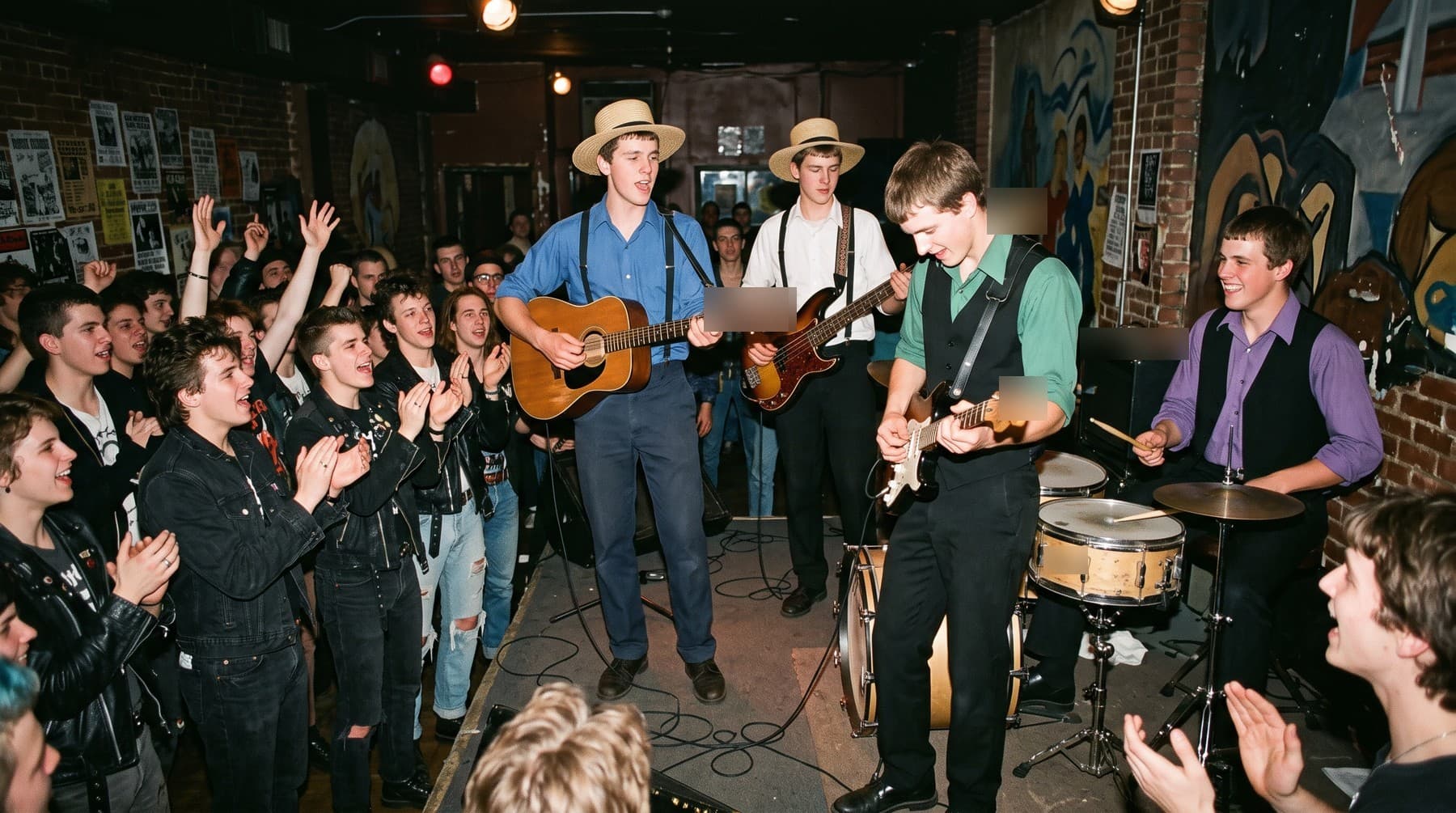 The four musicians in plain clothes and straw hats playing on a low stage in a crowded brick-walled club, a young crowd in leather jackets clapping