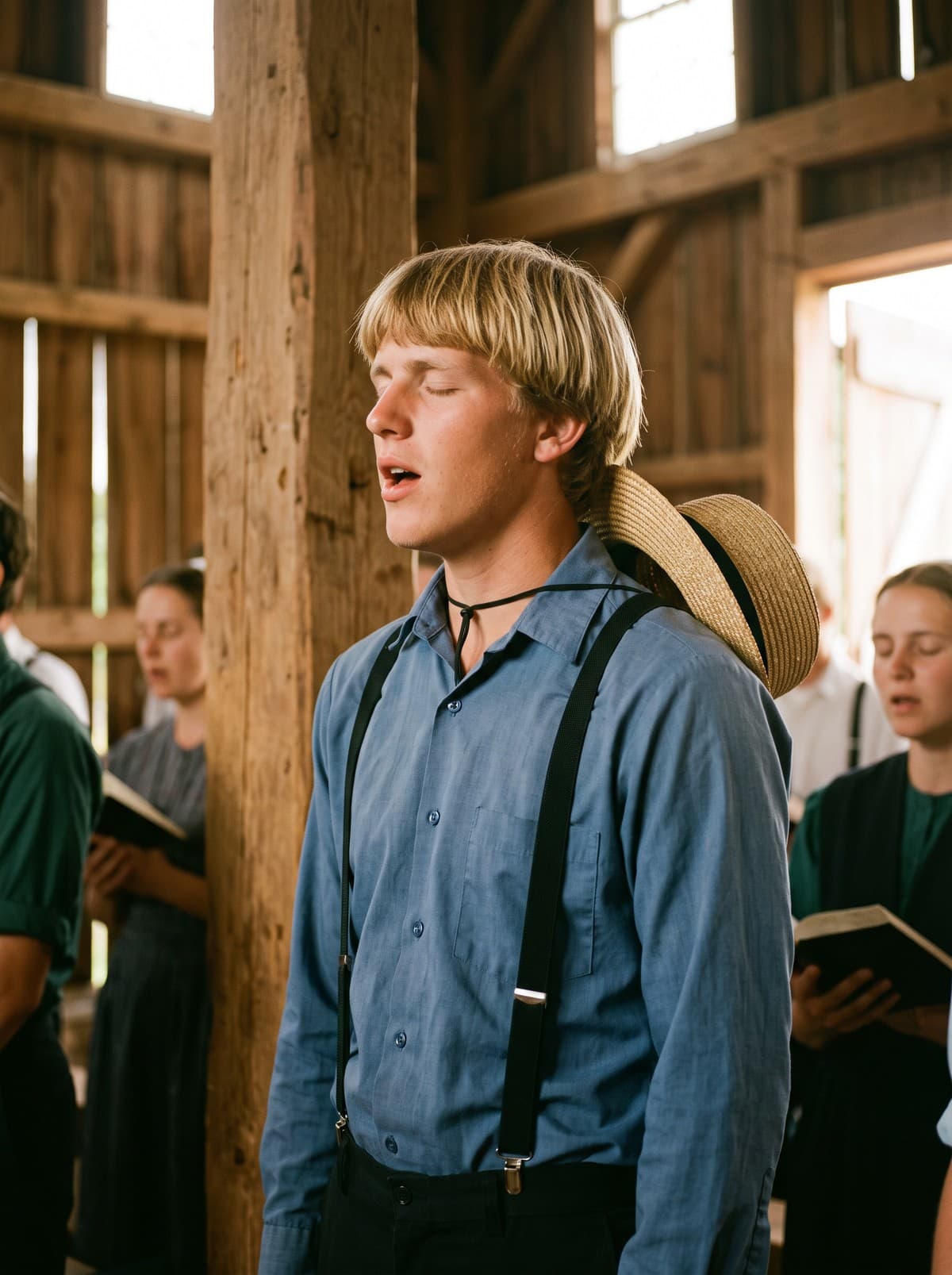 A blond young man in a blue shirt and suspenders singing with his eyes closed, a straw hat on a cord at his back, others holding songbooks behind him
