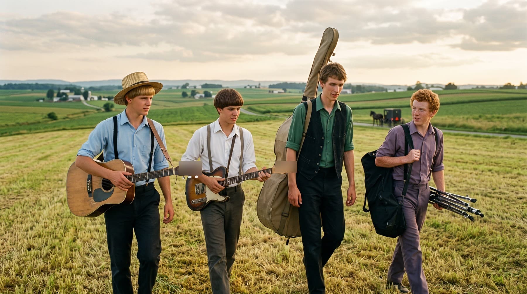 Four young men walking across a cut hay field carrying an acoustic guitar, an electric guitar, an upright bass in a canvas cover and a drum bag, a horse and buggy on the road behind