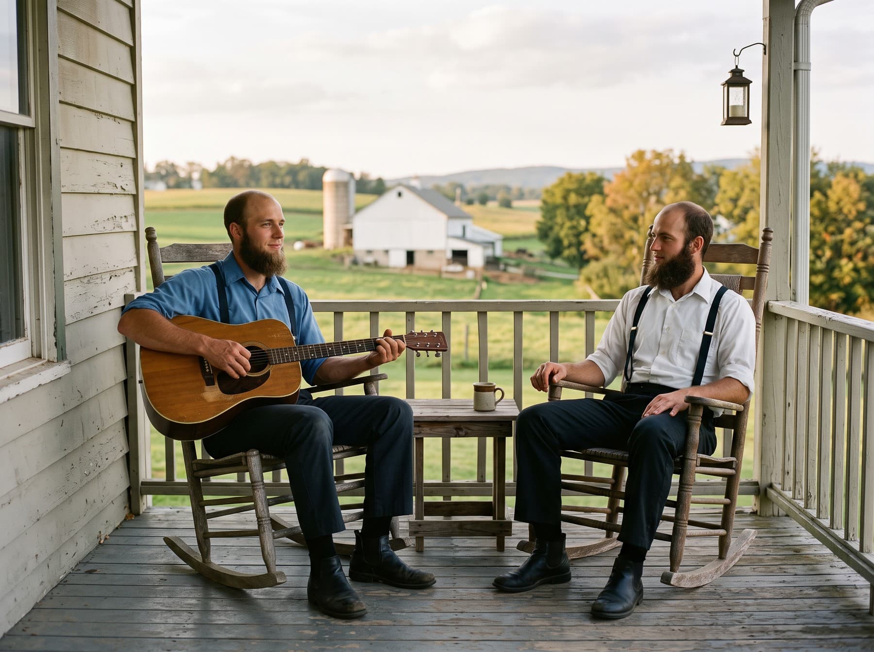 Two bearded men in plain dress in rocking chairs on a farmhouse porch, one playing an acoustic guitar, a white barn and silo in the fields behind